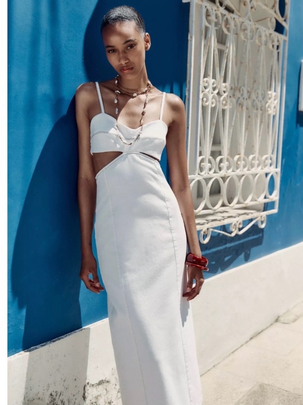 Zara White Cutout Midi Dress with Spaghetti Straps Size Small